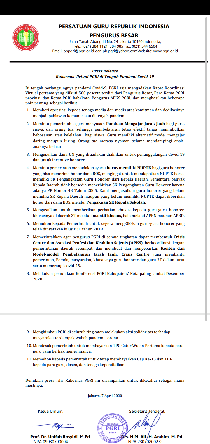 Press Release Rakornas Virtual PGRI di Tengah Pandemi Covid-19 